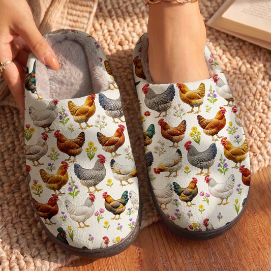 Floral Chicken In The Garden Fleece Lined Slippers