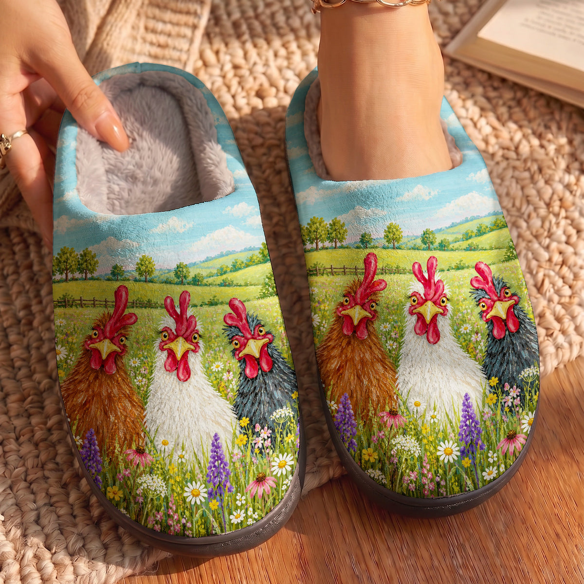 Chicken Fleece Lined Slippers Three Cheeky Hens in Bloom
