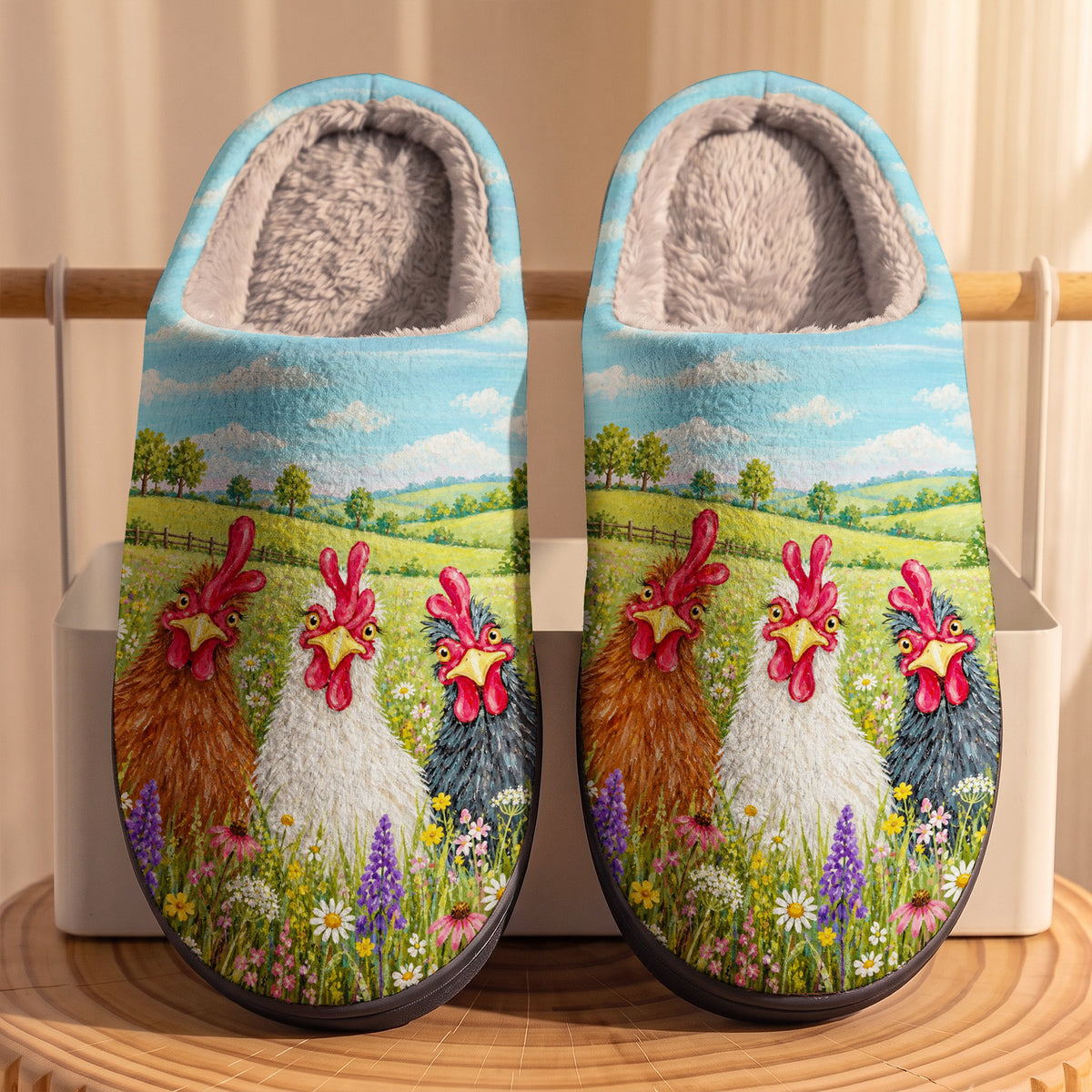 Chicken Fleece Lined Slippers Three Cheeky Hens in Bloom