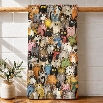 Cat Lover Kitchen Towel Whimsical Cat Crowd