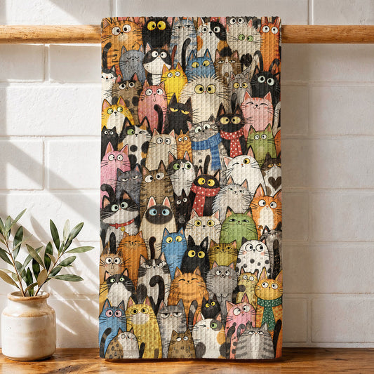 Cat Lover Kitchen Towel Whimsical Cat Crowd