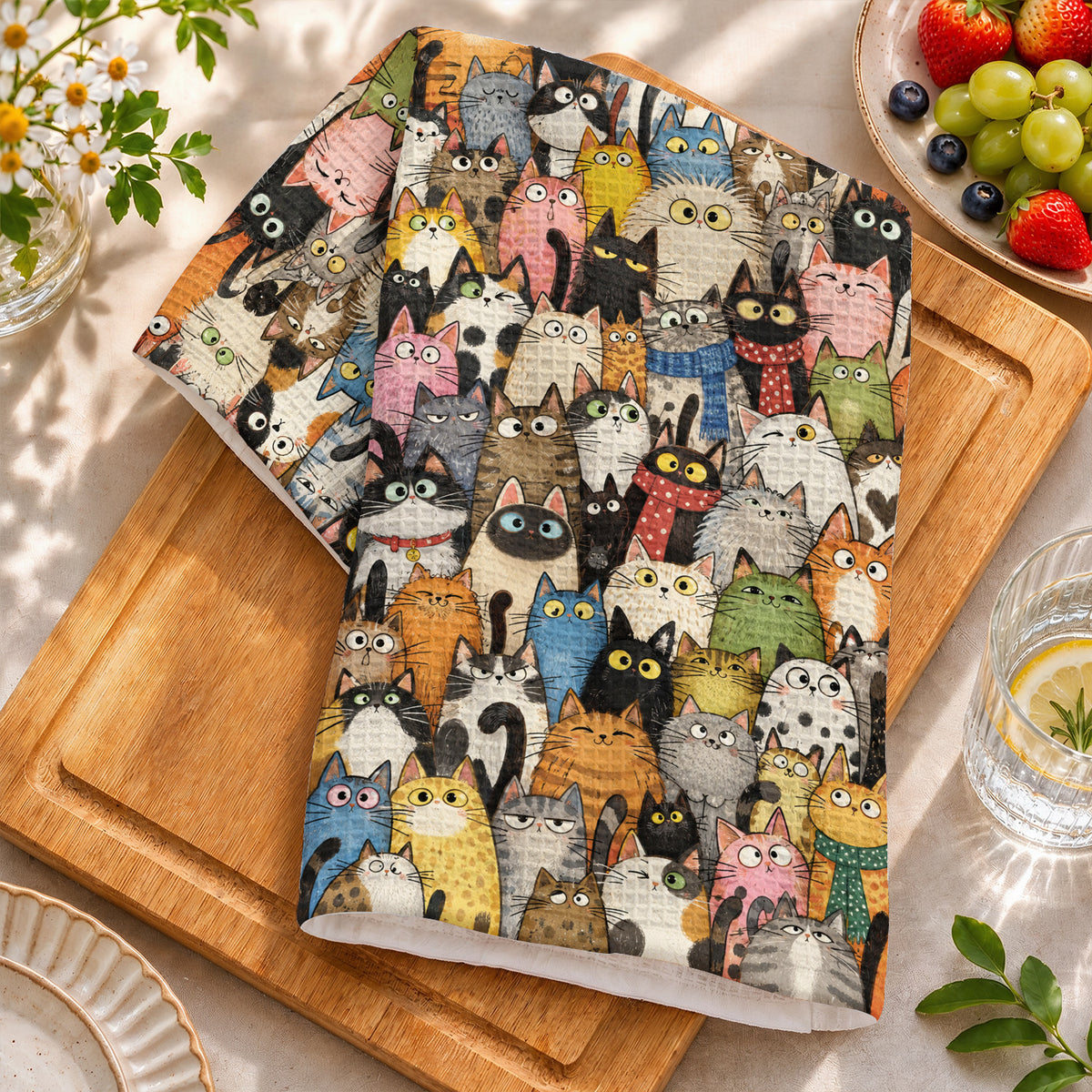 Cat Lover Kitchen Towel Whimsical Cat Crowd