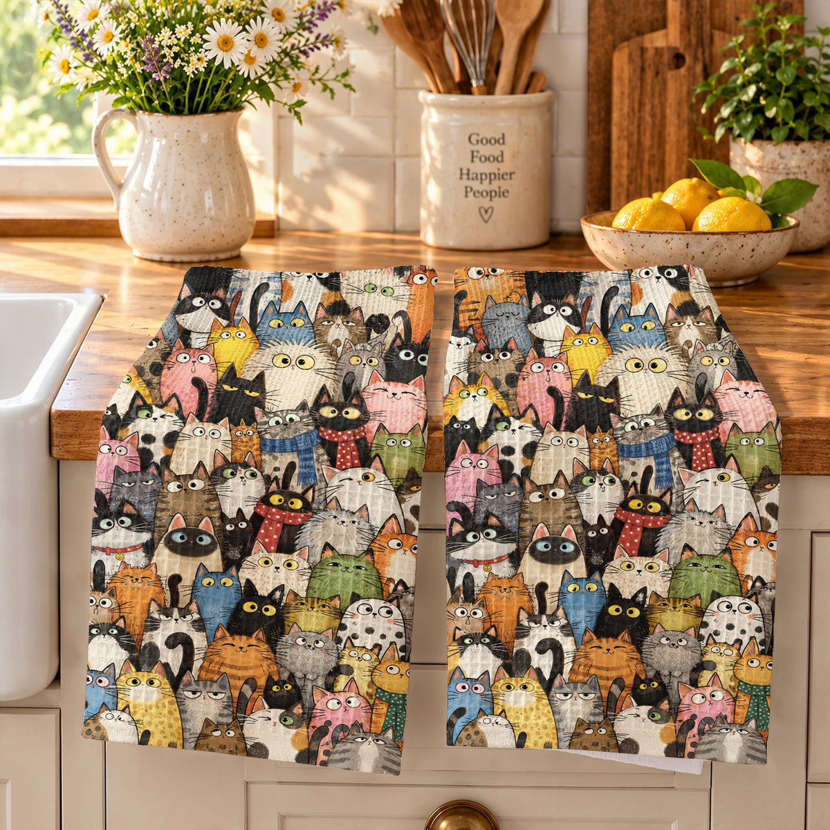 Cat Lover Kitchen Towel Whimsical Cat Crowd