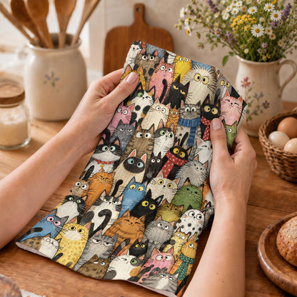 Cat Lover Kitchen Towel Whimsical Cat Crowd