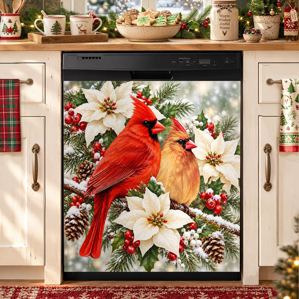 Christmas Cardinal Magnetic Dishwasher Cover Winter Lovebirds