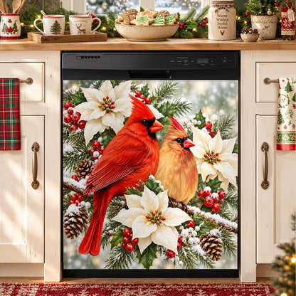 Christmas Cardinal Magnetic Dishwasher Cover Winter Lovebirds