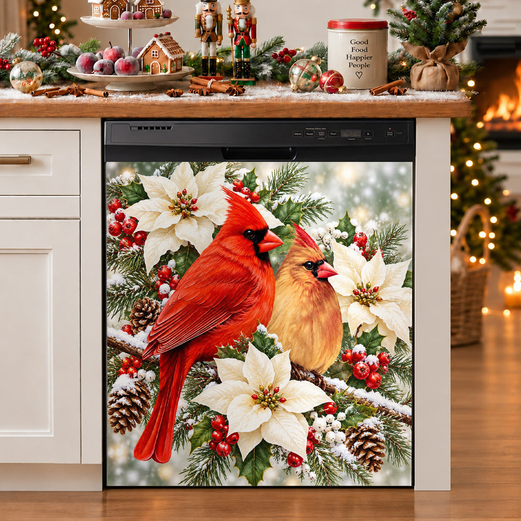 Christmas Cardinal Magnetic Dishwasher Cover Winter Lovebirds