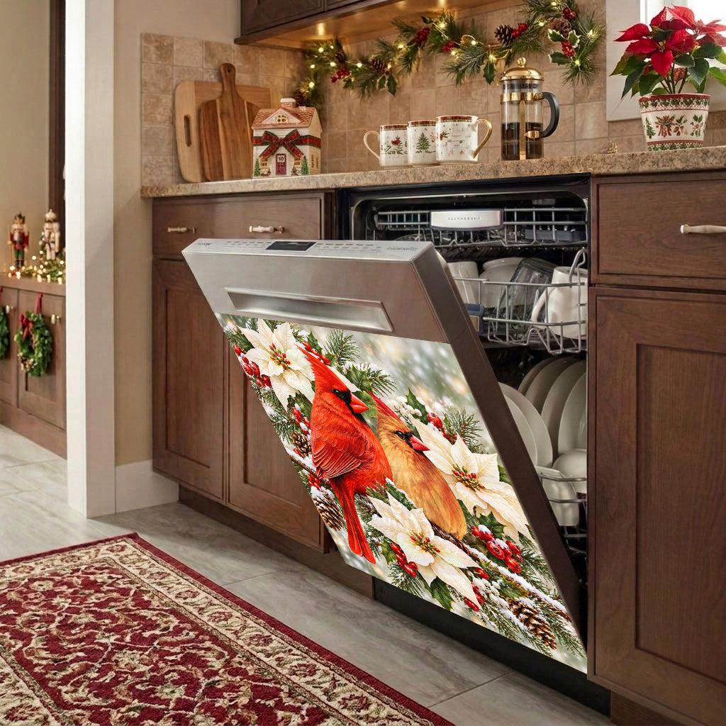 Christmas Cardinal Magnetic Dishwasher Cover Winter Lovebirds