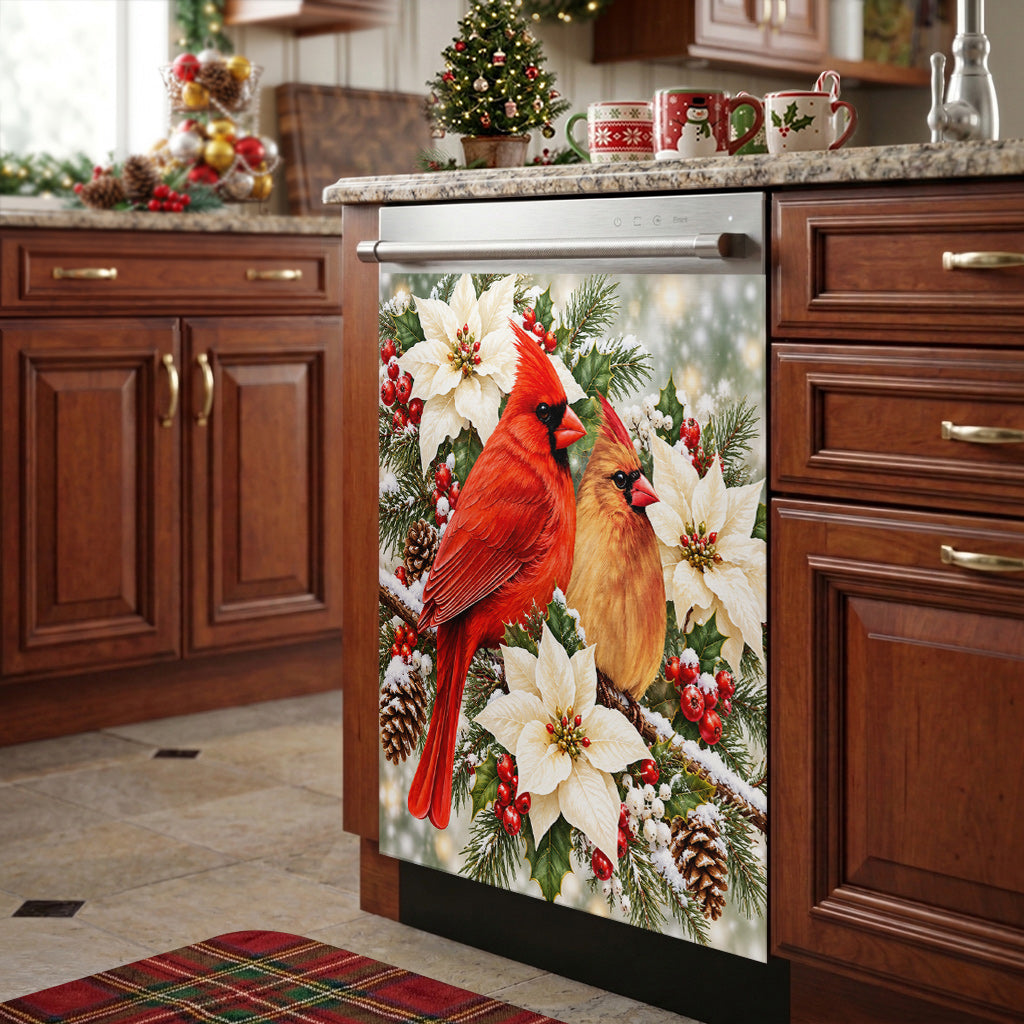 Christmas Cardinal Magnetic Dishwasher Cover Winter Lovebirds