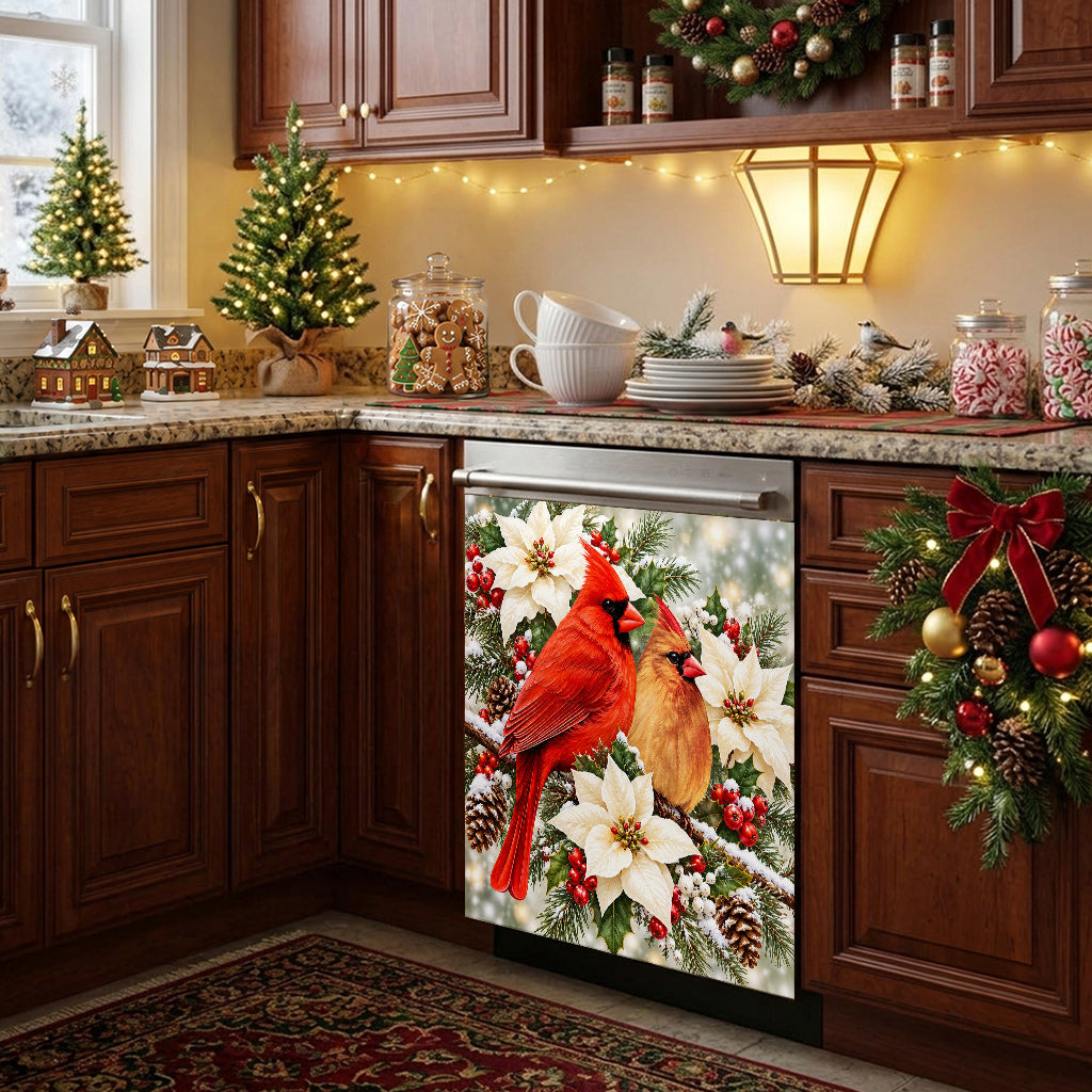 Christmas Cardinal Magnetic Dishwasher Cover Winter Lovebirds