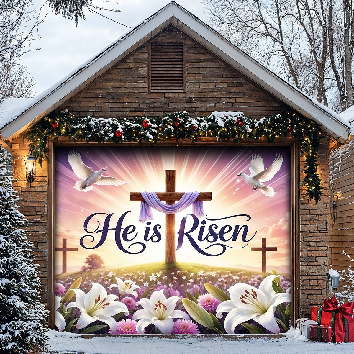 Christian Easter Garage Door Banner Decoration - Risen In Eternal Glory