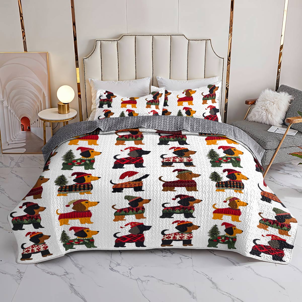 Dachshund All Season Quilt 3-Piece Happy Christmas Dachshunds