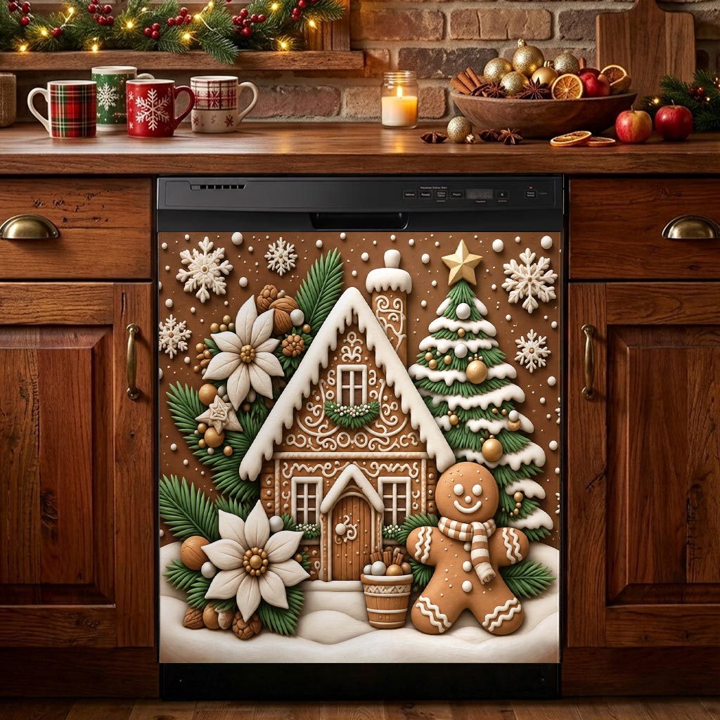 Christmas Magnetic Dishwasher Cover Gingerbread Christmas Cottage