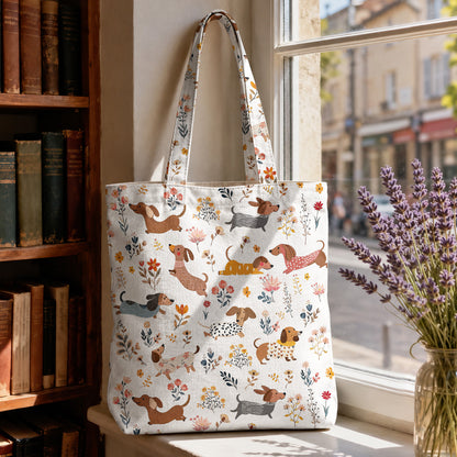 Dachshund Canvas Tote Bag Happy Field Flowers