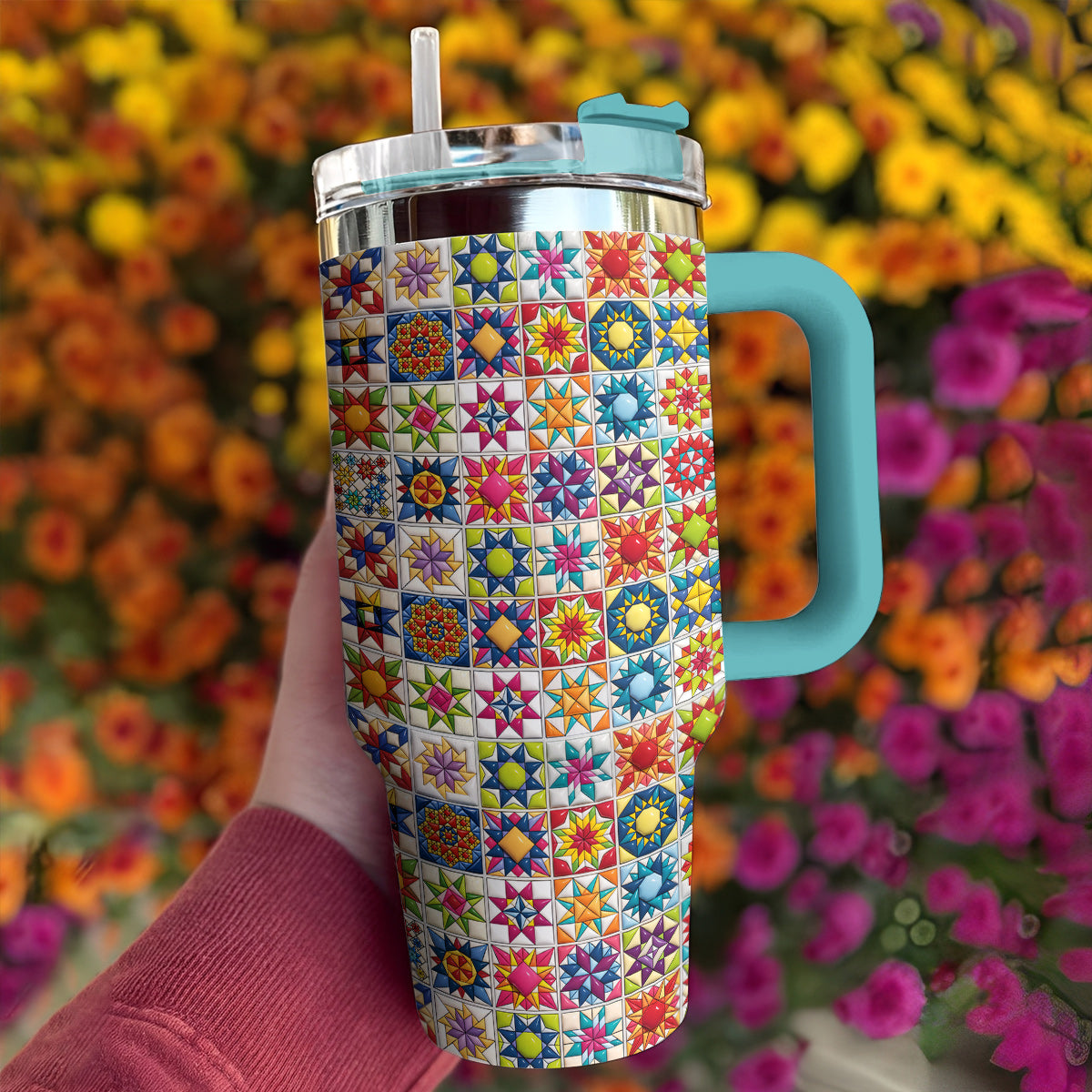 Sewing Lover 40 oz Tumbler Colorful Star Quilt Blocks