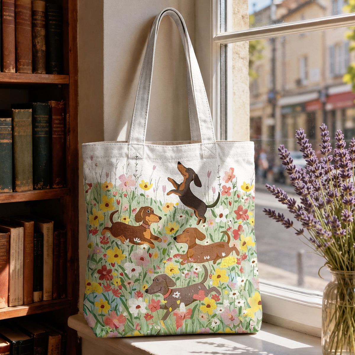 Dachshund Canvas Tote Bag Dashing Happy Dachshunds in Flower Garden