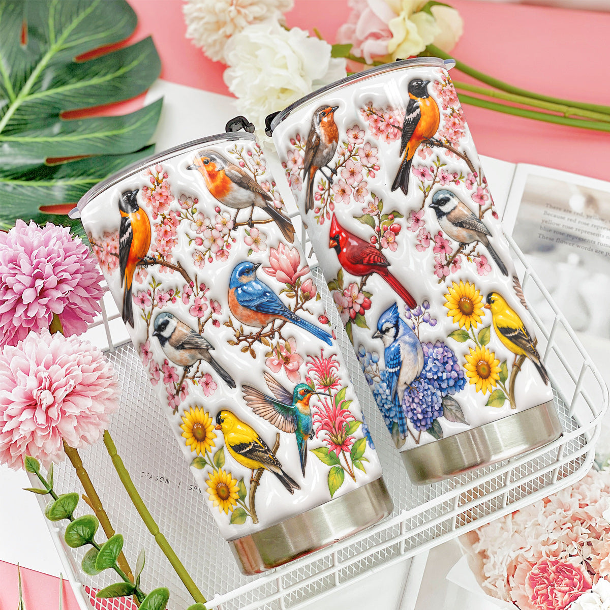 Bird Lovers 20 oz Tumbler Spring Birds Blossom Garden