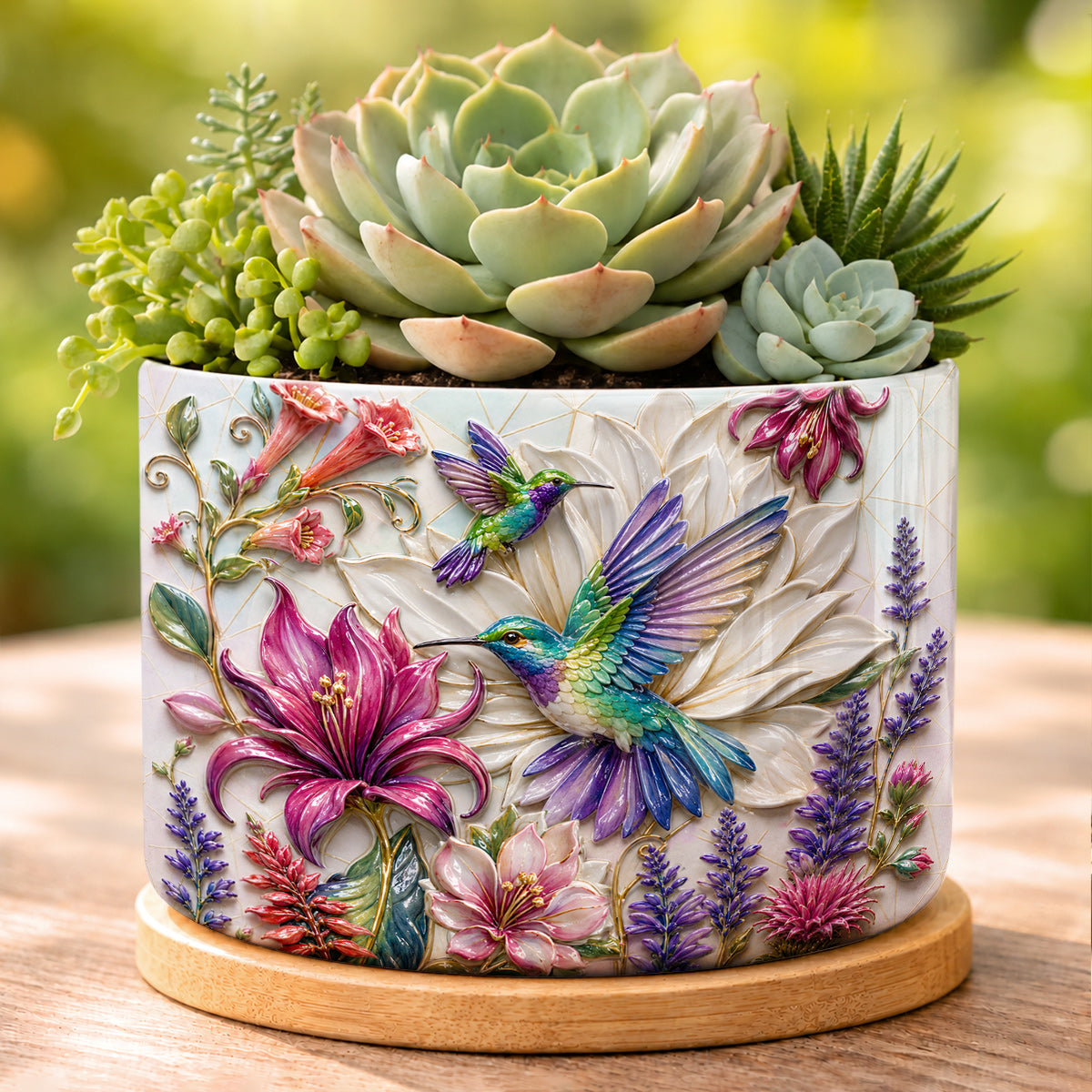 Hummingbird Ceramic Plant Pot with Bamboo Tray Hummingbird Garden Bloom Harmony