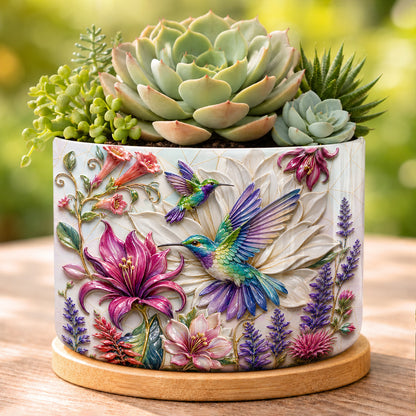 Hummingbird Ceramic Plant Pot with Bamboo Tray Hummingbird Garden Bloom Harmony