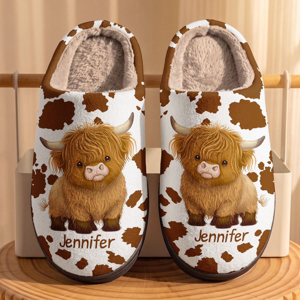 Highland Cow Fleece Lined Slippers Personalized Cowhide Spots