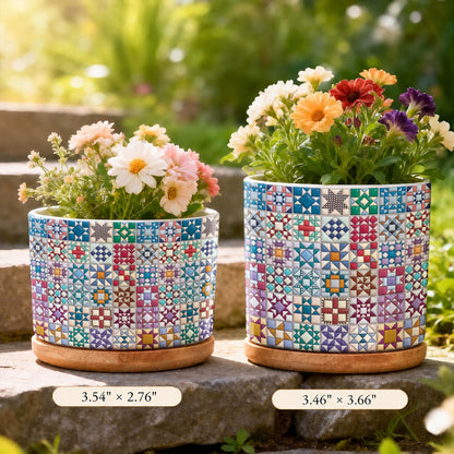 Sewing Lover Ceramic Plant Pot with Bamboo Tray Traditional Quilt Blocks