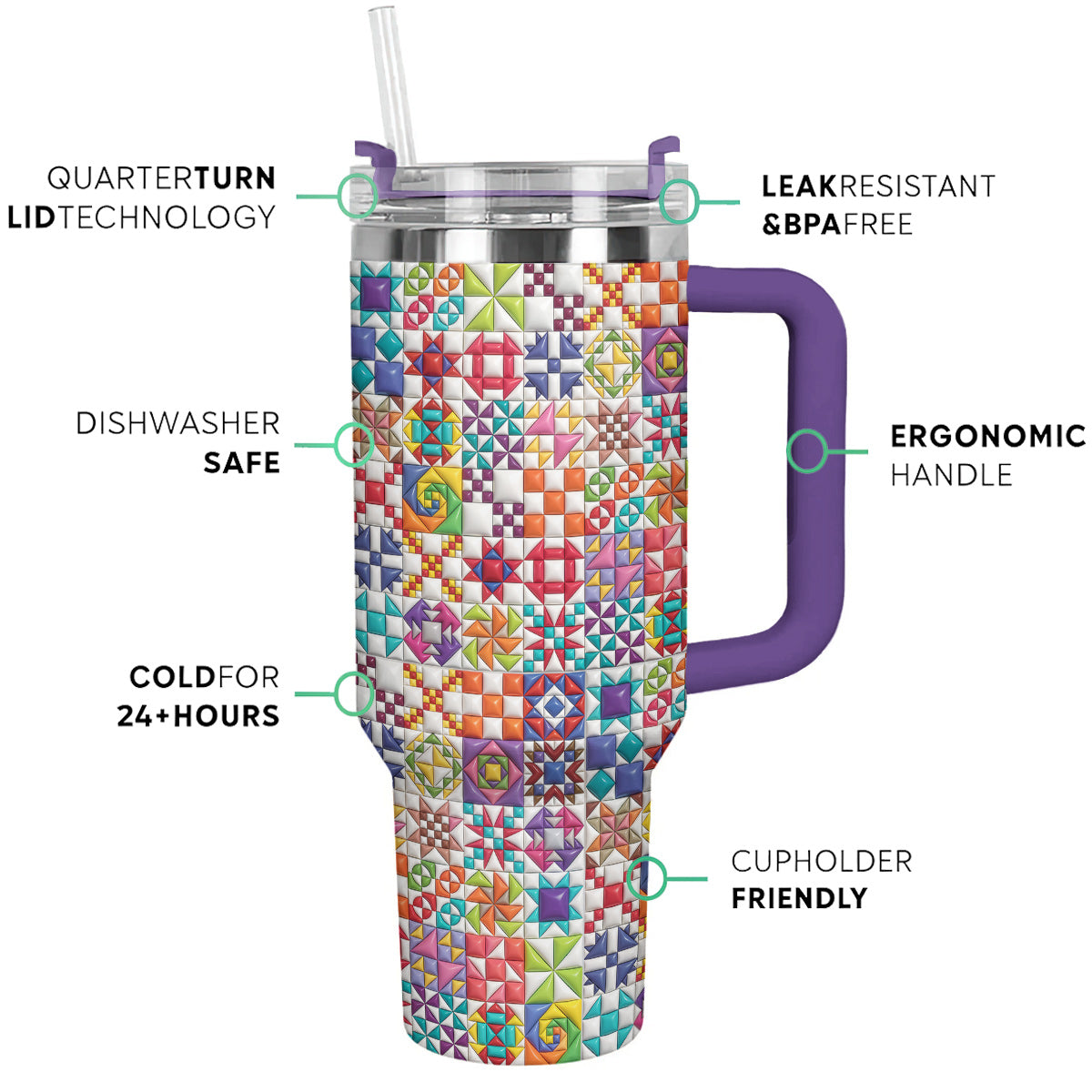 Sewing Lover 40 oz Tumbler Colorful Quilt Blocks