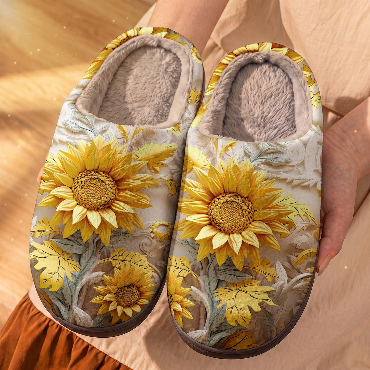 Sunflower Fleece Lined Slippers Golden Sunflower Garden