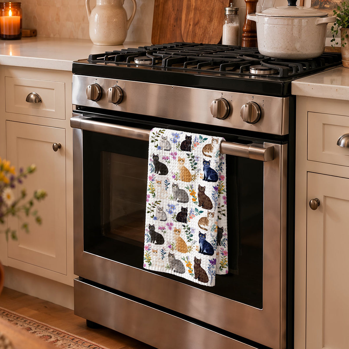 Cat Kitchen Towel Charming Floral Cats