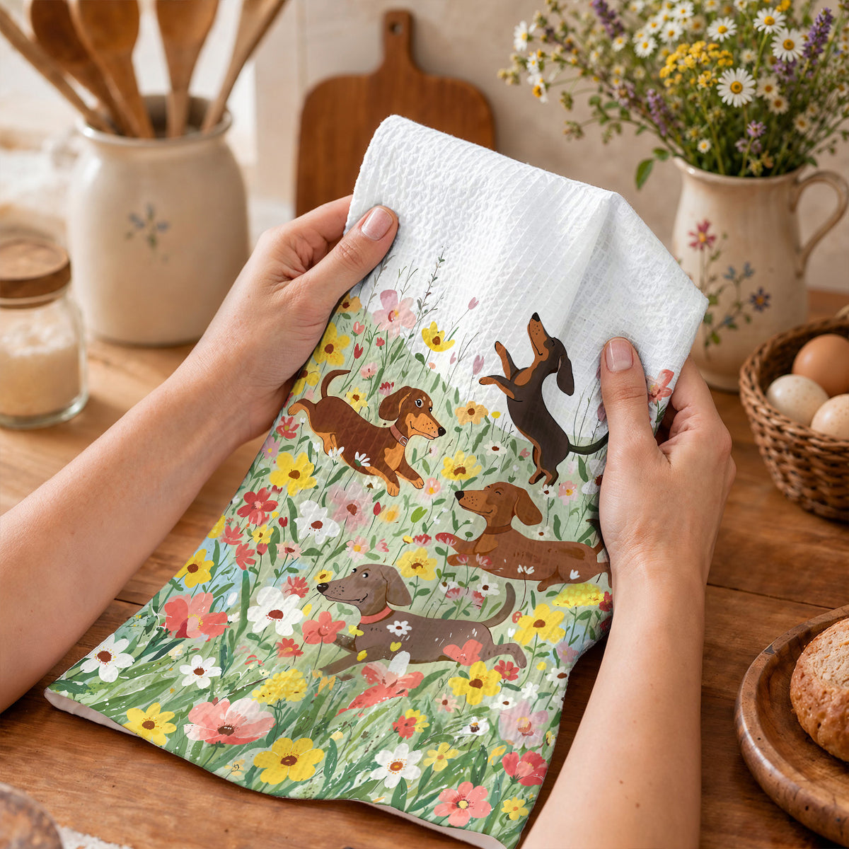 Dachshund Kitchen Towel Happy Dachshunds in Flower Garden