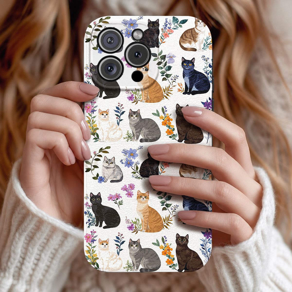 Cat Leather Phone Case Charming Floral Cats