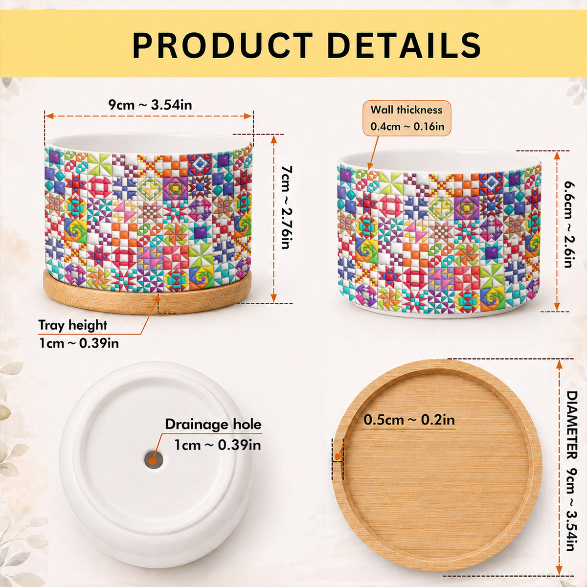 Sewing Lover Ceramic Plant Pot with Bamboo Tray Colorful Quilt Blocks