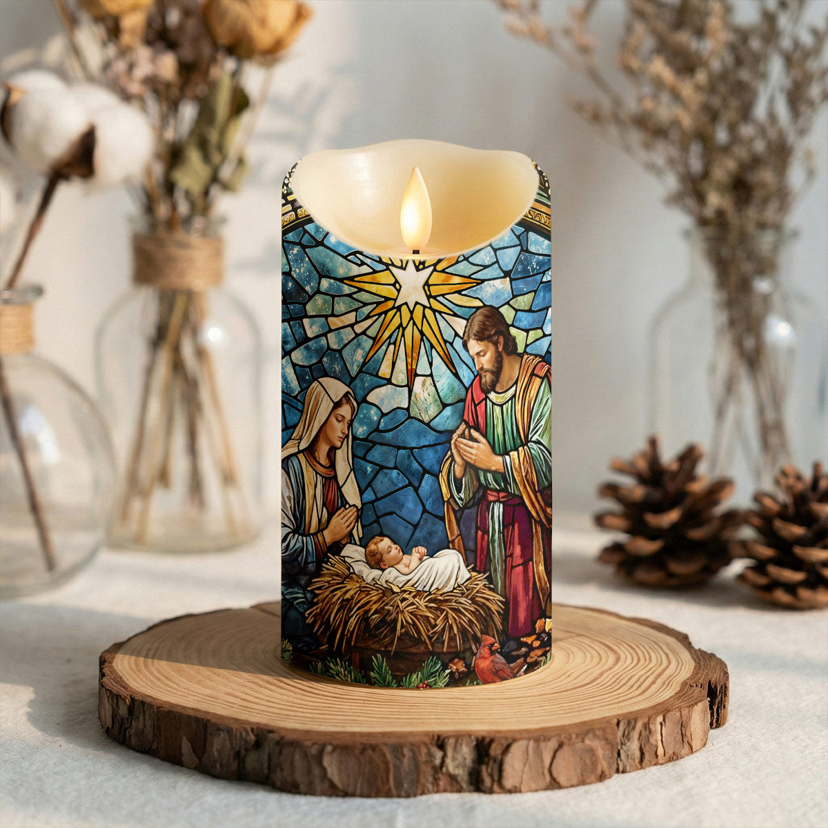 God LED Candle The Holy Night in Stained Glass