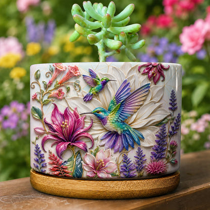 Hummingbird Ceramic Plant Pot with Bamboo Tray Hummingbird Garden Bloom Harmony