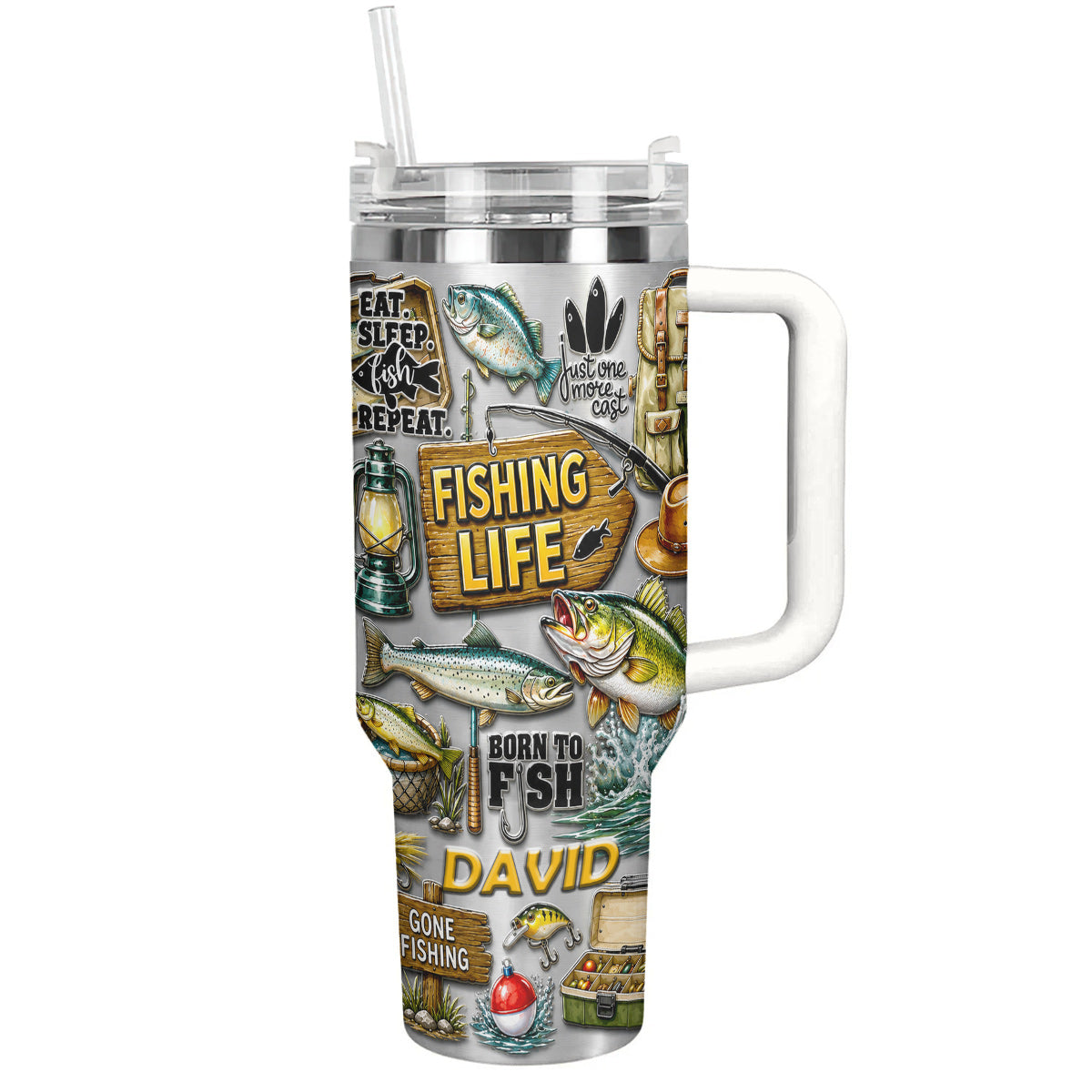 Personalized Fishing Tumbler 40 Oz with Handle – Fisherman Gift, Fishing Lover Travel Mug