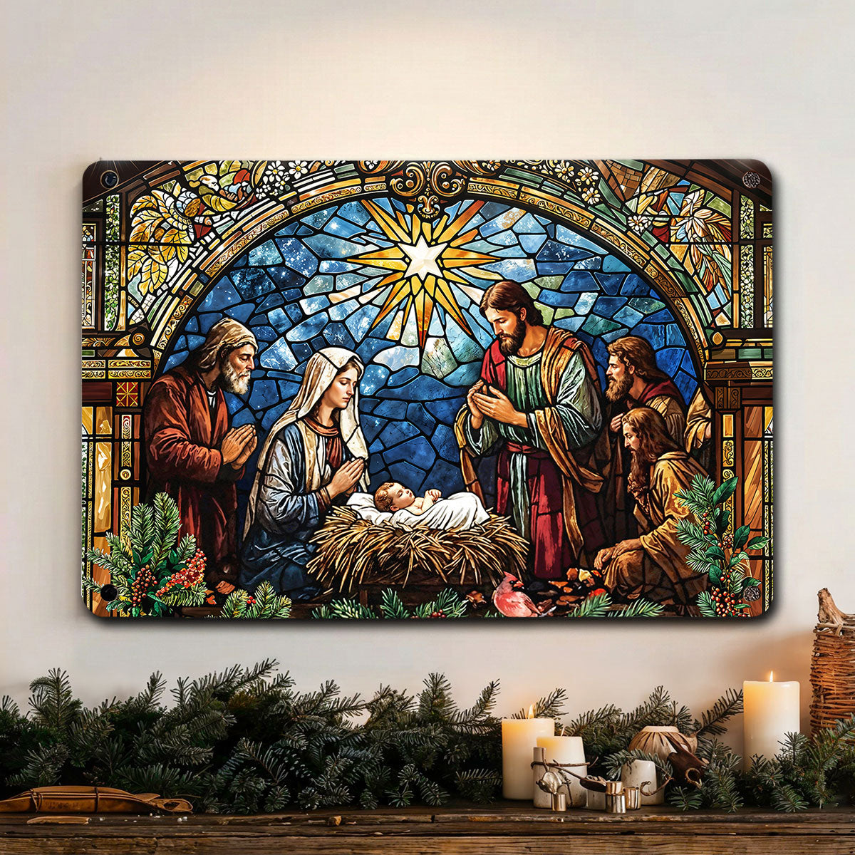 Christmas 2D Metal Sign The Holy Night in Stained Glass