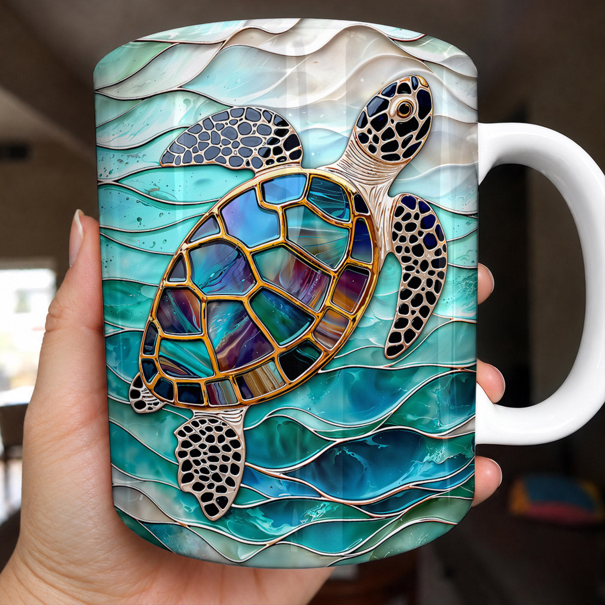 Sea Turtle Ceramic Mug Iridescent Sea Turtle In Turquoise Tides
