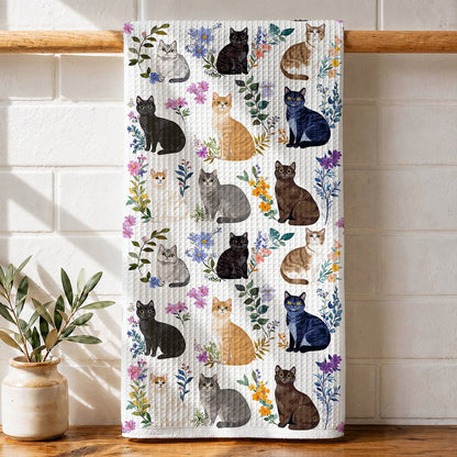 Cat Kitchen Towel Charming Floral Cats