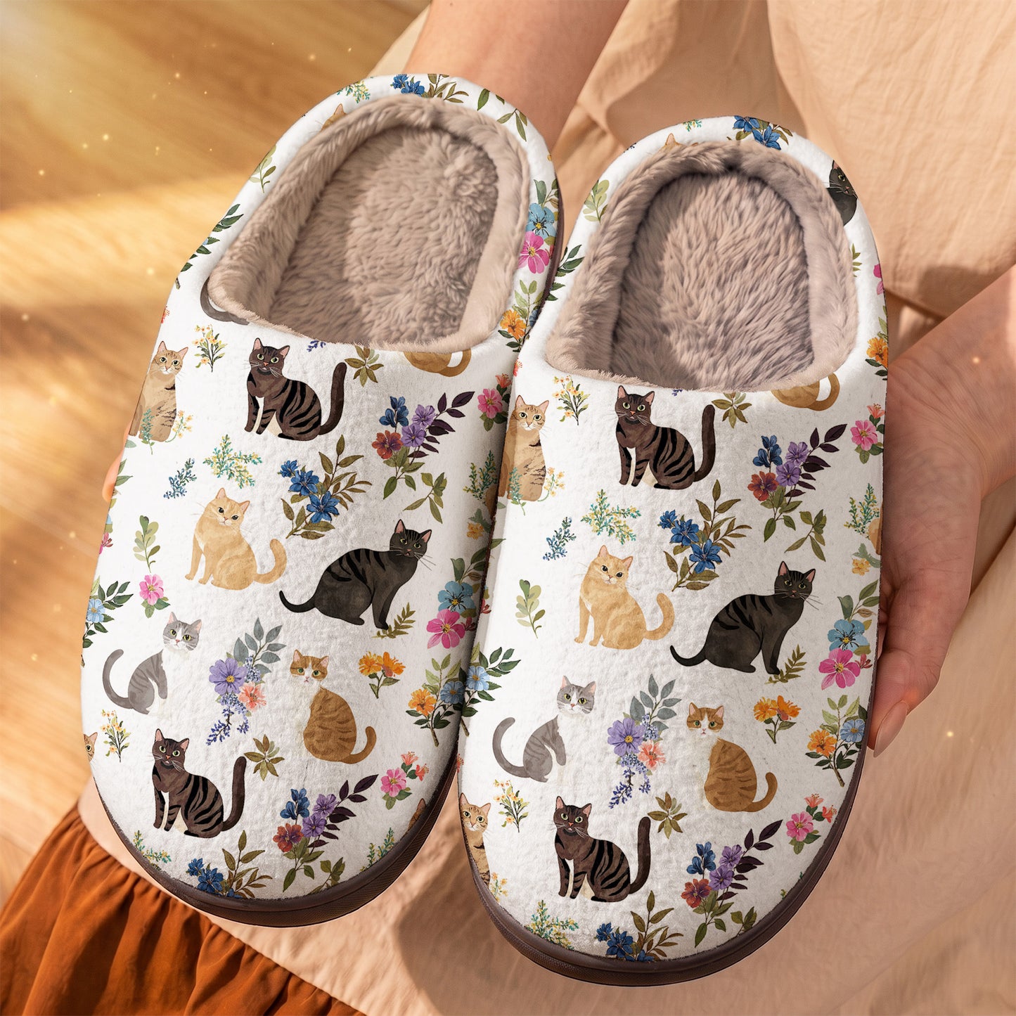Cat Fleece Lined Slippers Cute Floral Cats
