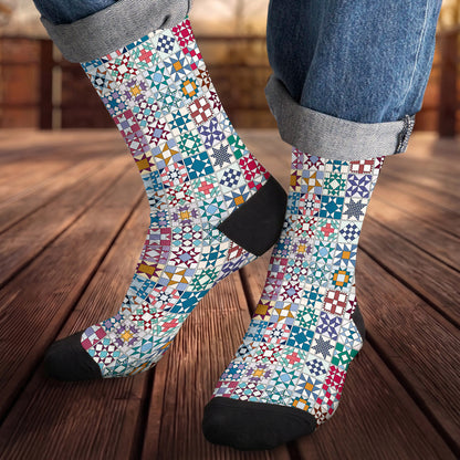 Sewing Lover Crew Socks Traditional Quilt Blocks