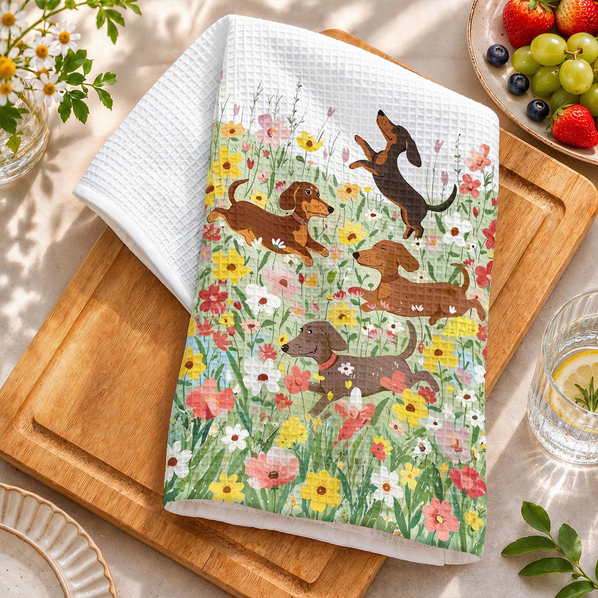 Dachshund Kitchen Towel Happy Dachshunds in Flower Garden