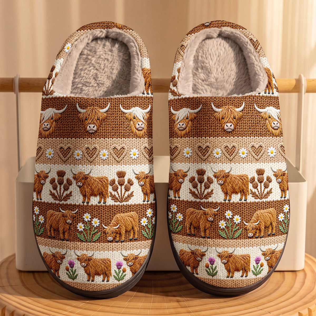 Cozy Highland Cow Meadow Fleece Lined Slippers