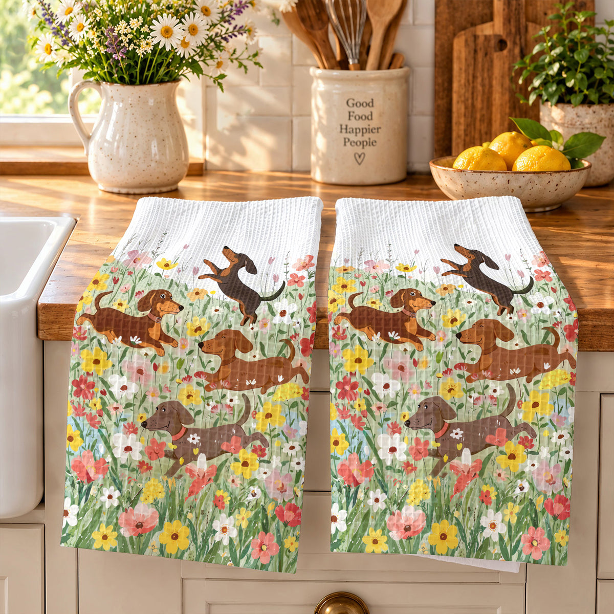 Dachshund Kitchen Towel Happy Dachshunds in Flower Garden