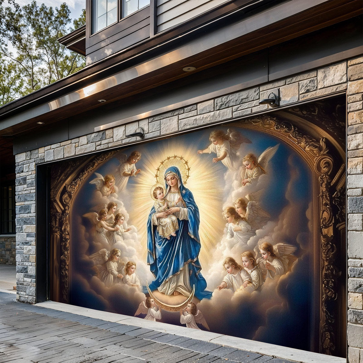 God Garage Door Banner Decoration -  Mary and the Child Jesus in Heavenly Radiance