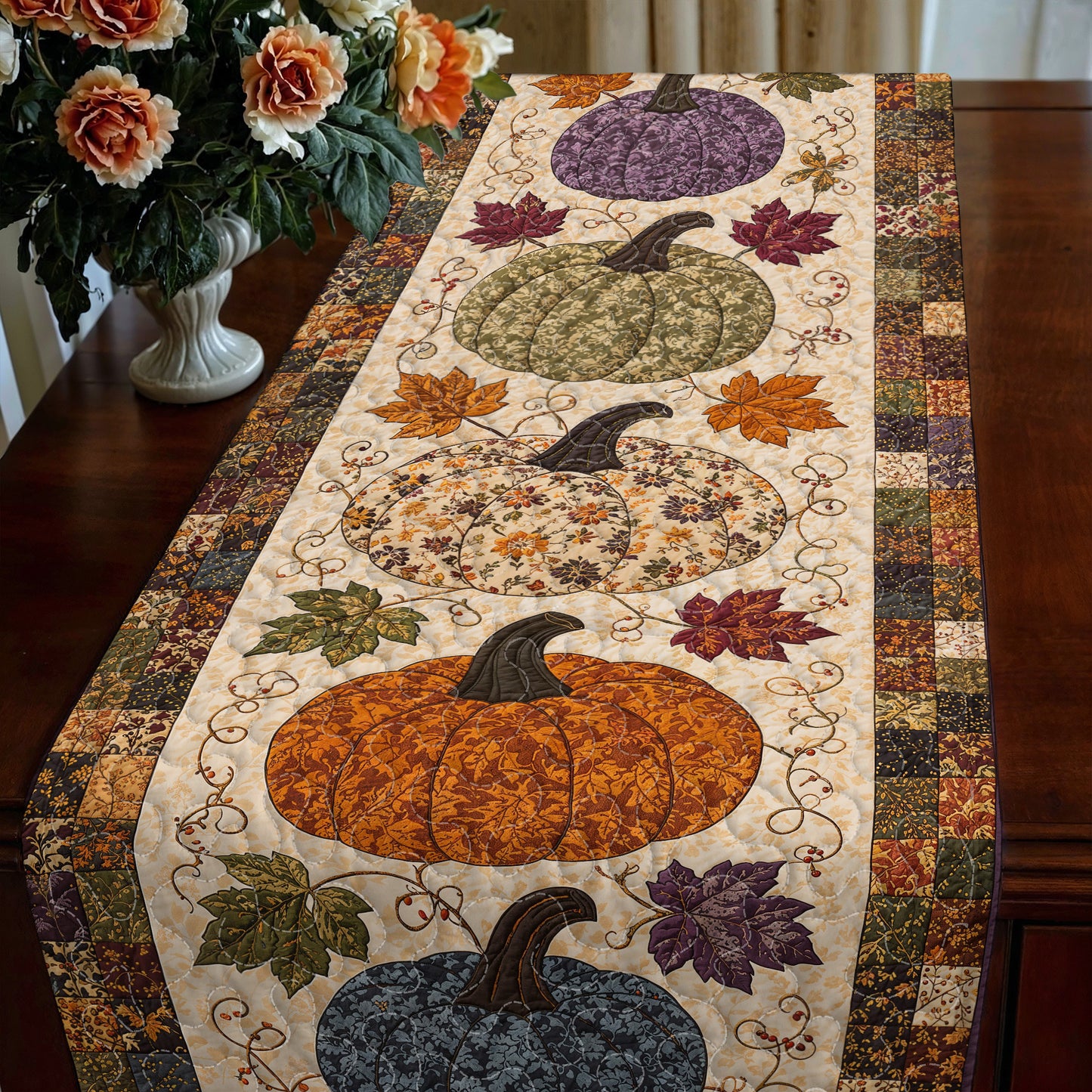 Fall Pumpkin Patchwork Quilted Table Runner