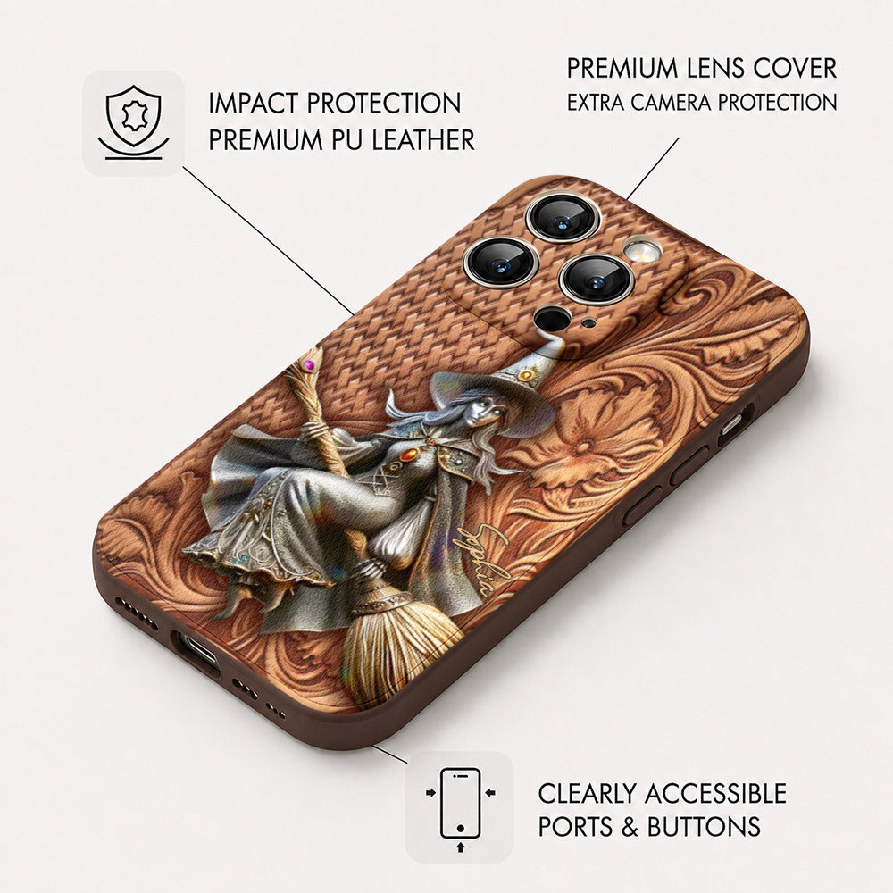 Witch of the Enchanted Broom Personalized Leather Phone Case