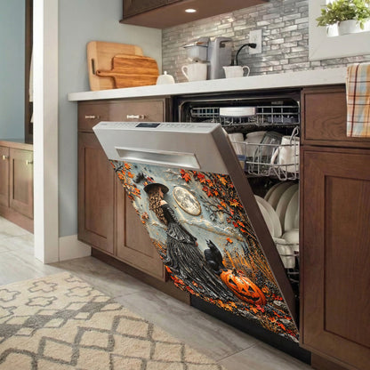 Witch Magnetic Dishwasher Cover Moonlit Witch and Cat in Autumn Forest