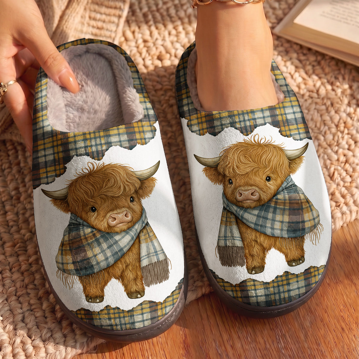 Highland Cow in Rustic Tartan Fleece Lined Slippers