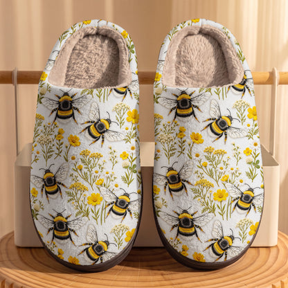 Bee Fleece Lined Slippers Golden Bumblebees & Wildflower Meadow