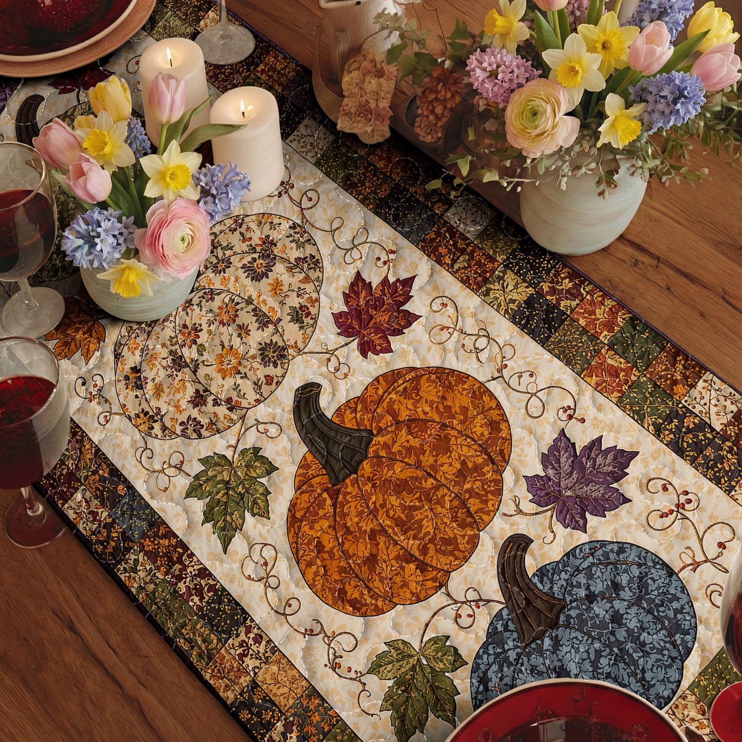 Fall Pumpkin Patchwork Quilted Table Runner