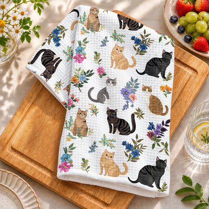 Cat Kitchen Towel Cute Floral Cats